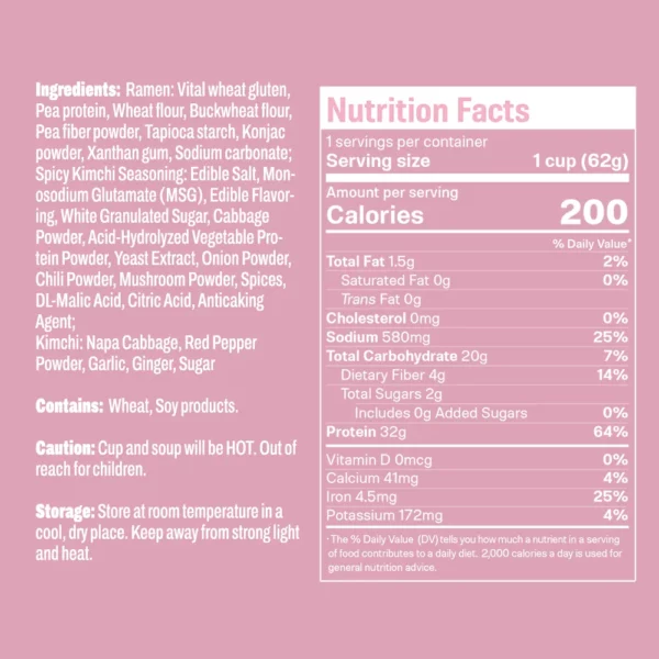 High Protein Cup Instant Noodles Spicy Kimchi Flavor