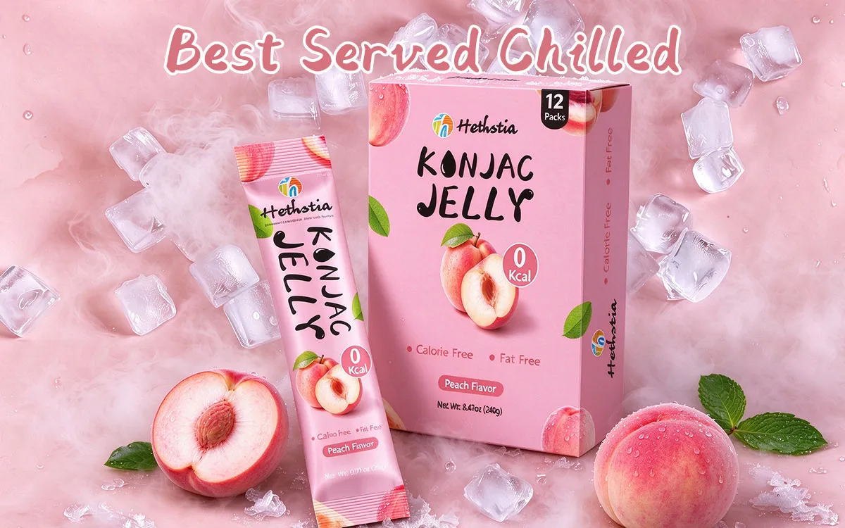 Aperitivo vegano de gelatina de konjac con refrescante sabor a melocotón